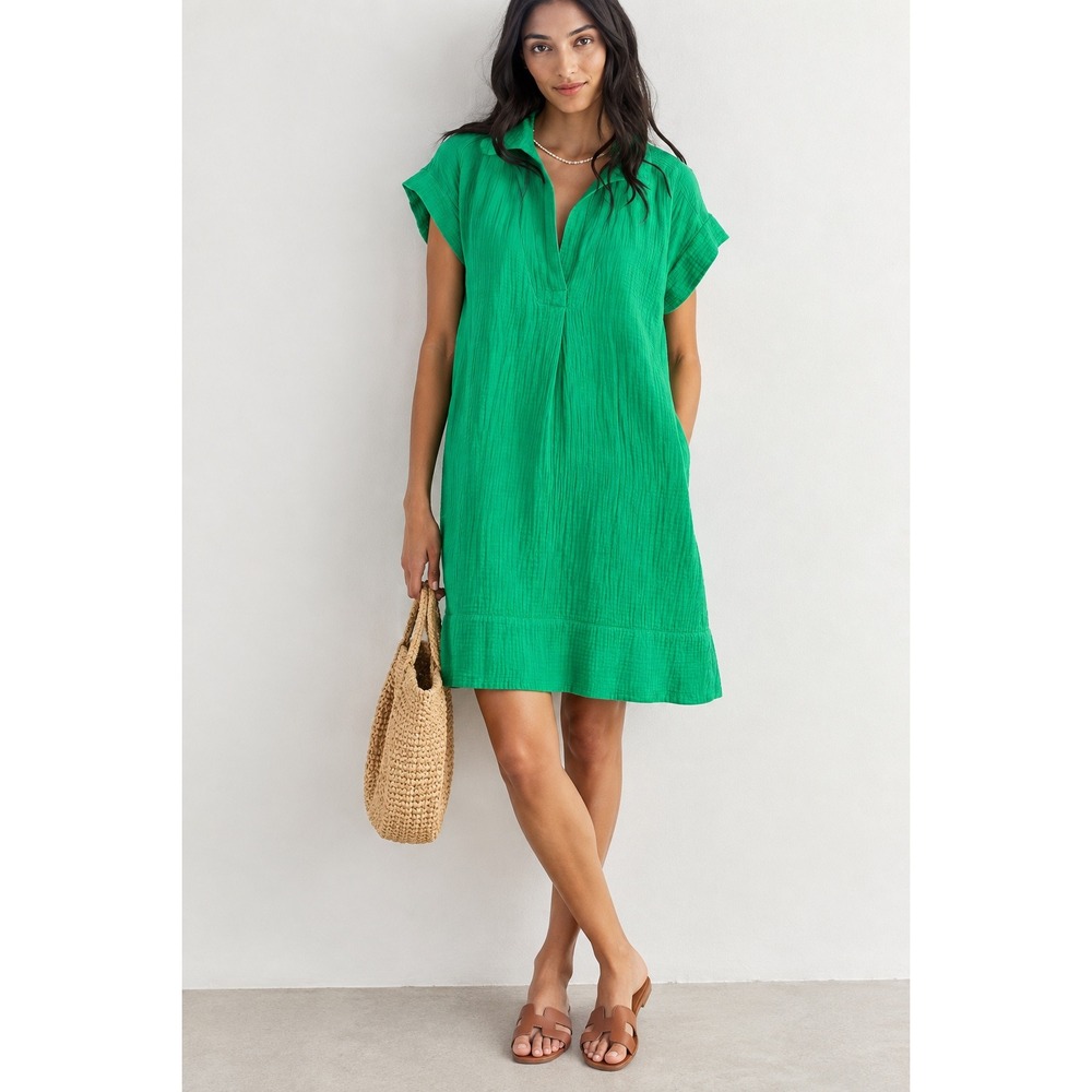 J.Crew Green Double Gauze Cotton Short Sleeve Shift Dress Sz L Pocket Split Neck
